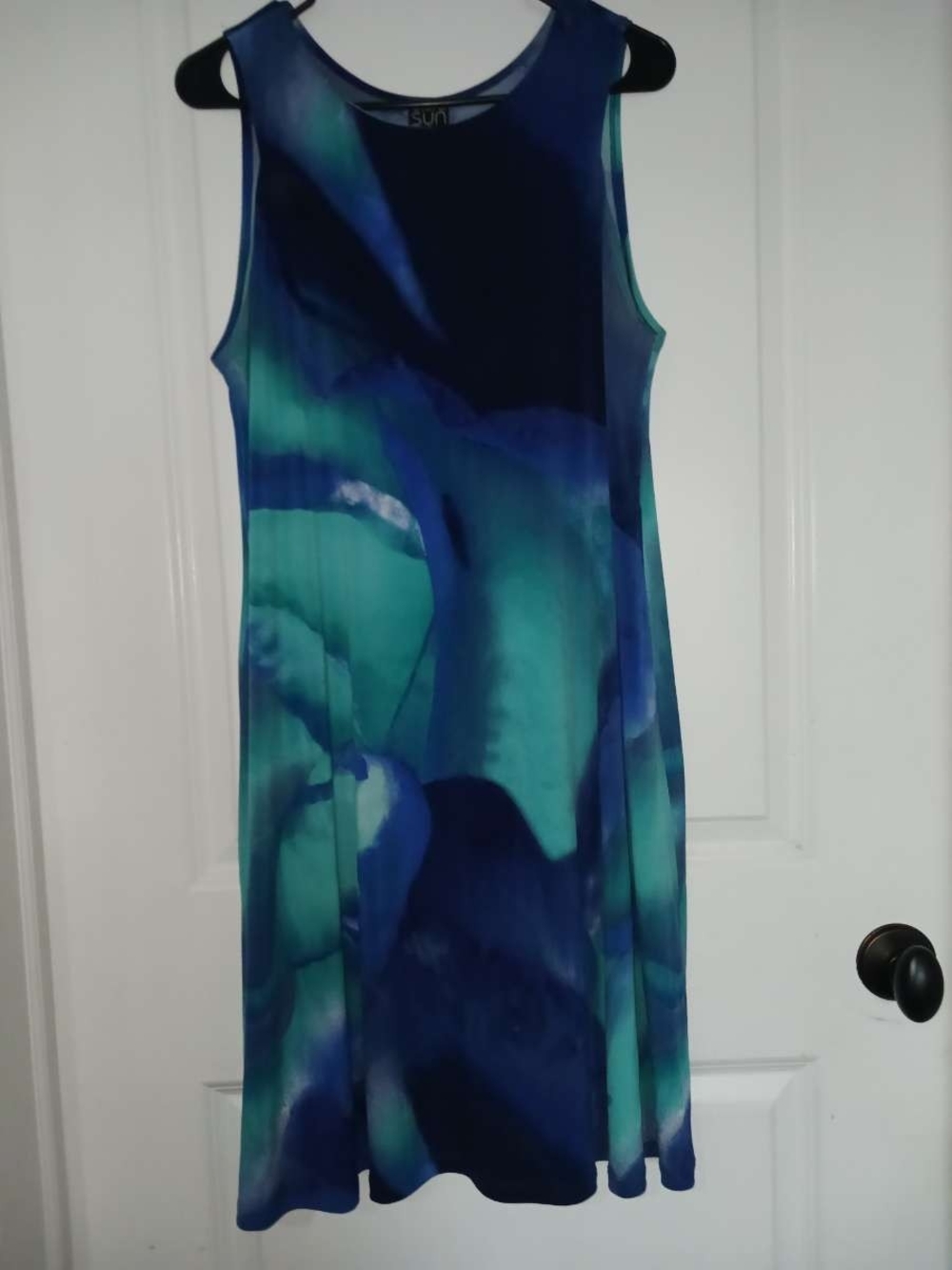 Clara Sun Woo Blue and Green Abstract Midi Dress